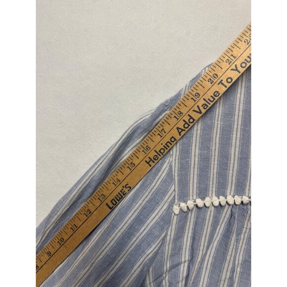 Angels New York Womens 2X Blue & White Striped Boho Blouse Pom Pom Tassel Ties - Picture 7 of 9